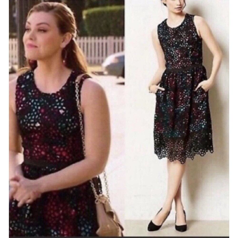 WOLVEN Anthropologie Size 2 Lace Laser Cut Overlay Floral Dress Pockets